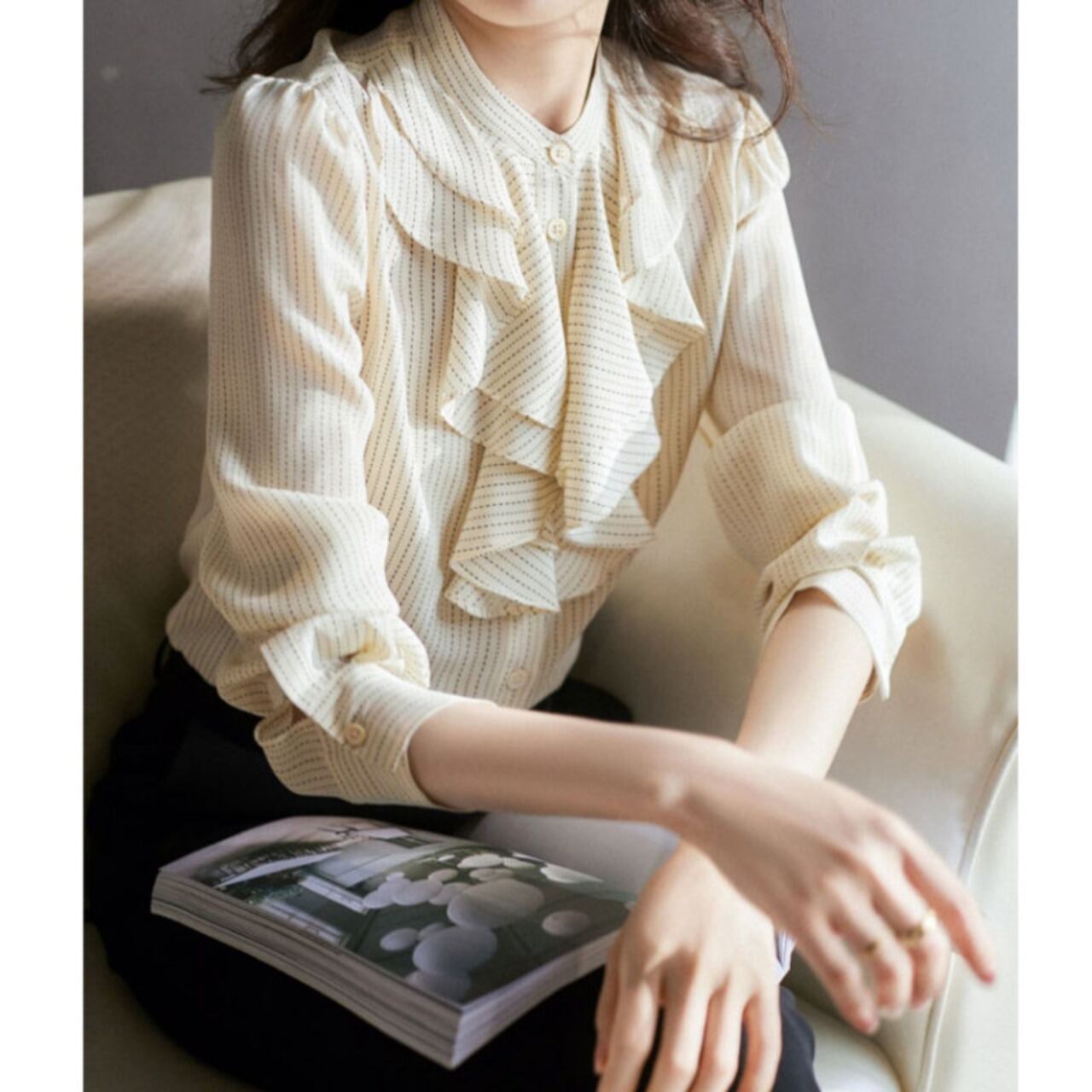 ストライプフリルブラウス W00816