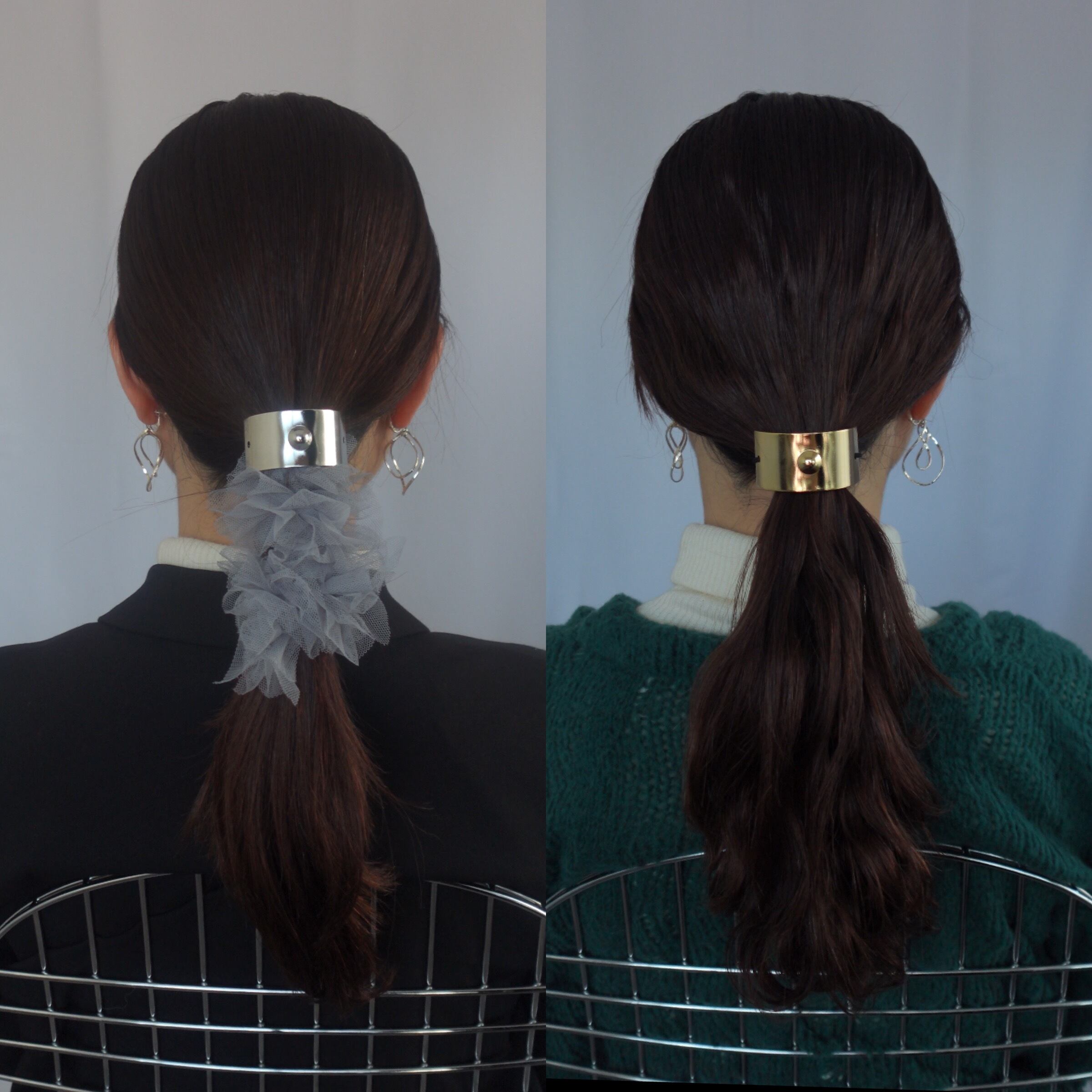 セミロングヘア　リボンをサイドの穴に通して華やかなスタリングに。お呼ばれにも◎