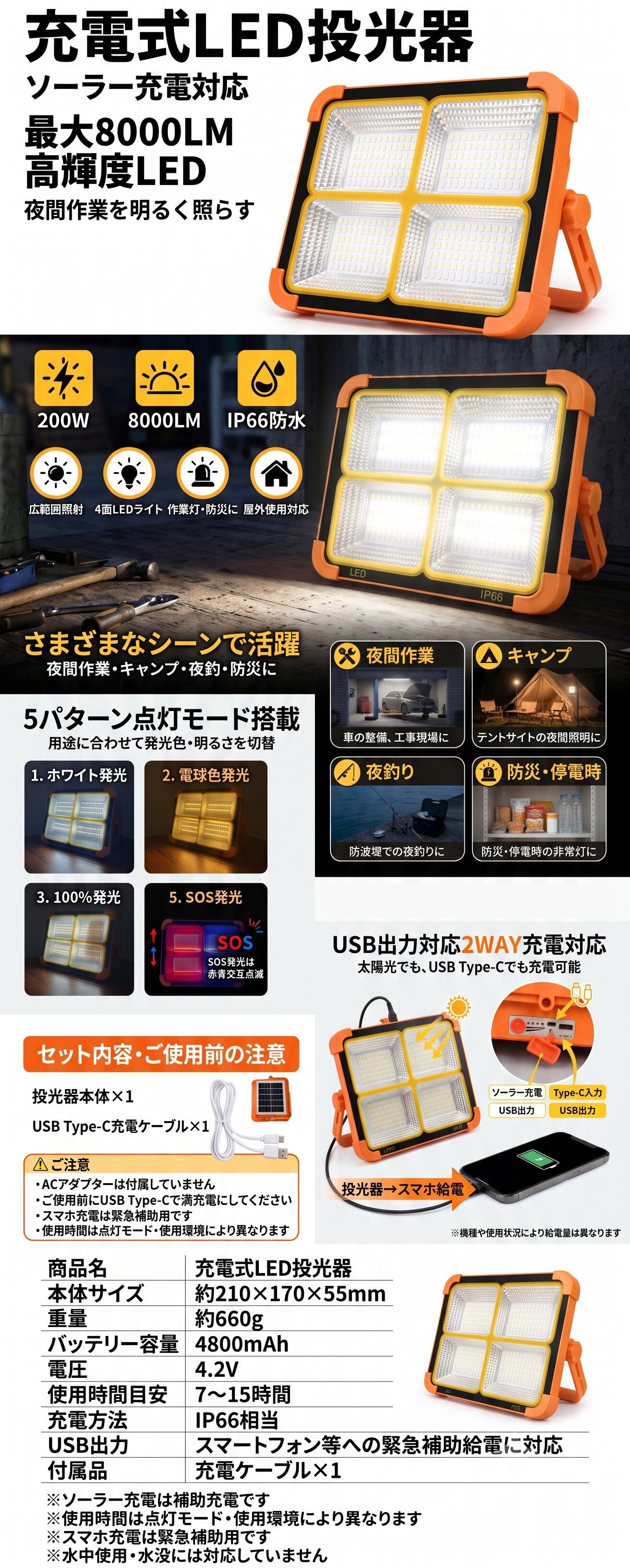 LED投光器 充電式 作業灯 ソーラー USB Type-C 200W 8000LM IP66 防水
