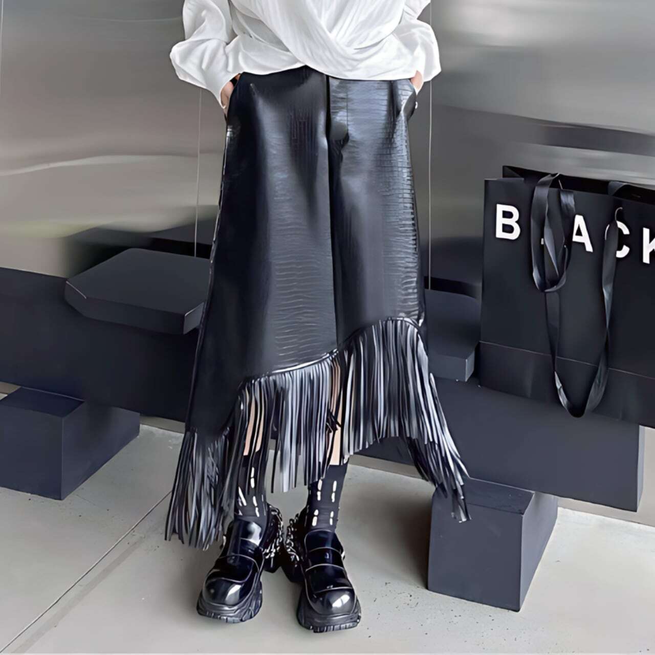 Irregular fringe hem midi skirt C0173