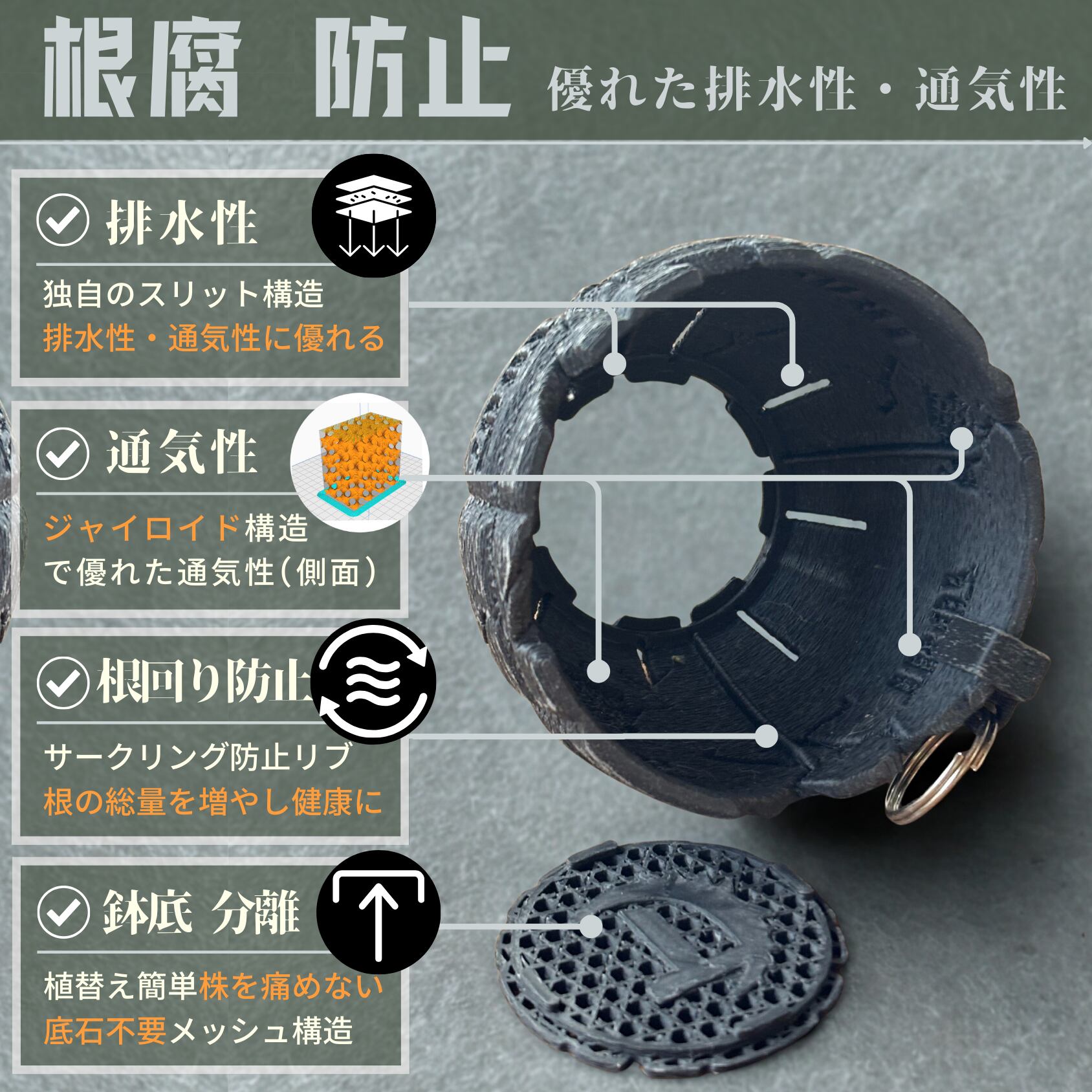 根腐れ防止効果/優れた  排水性、通気性