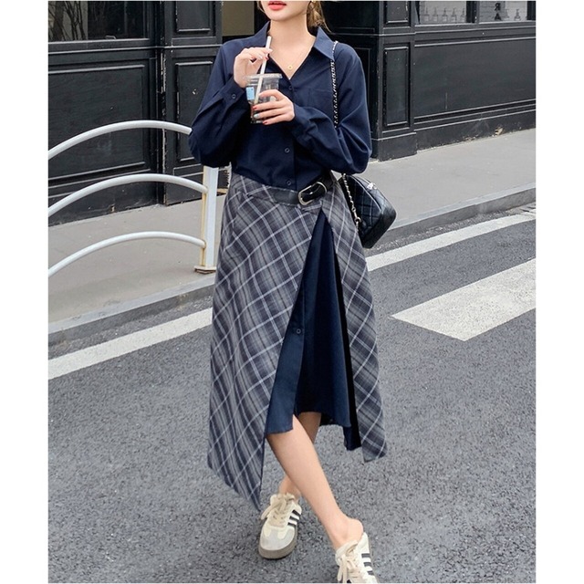 チェック柄ラップスカートシャツワンピース 00257