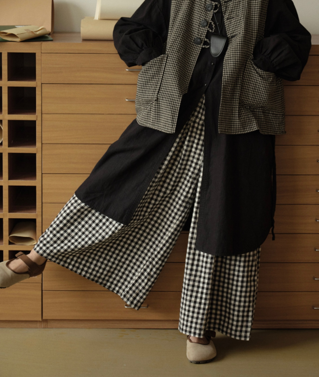 コットンチェック柄 タックワイドパンツ