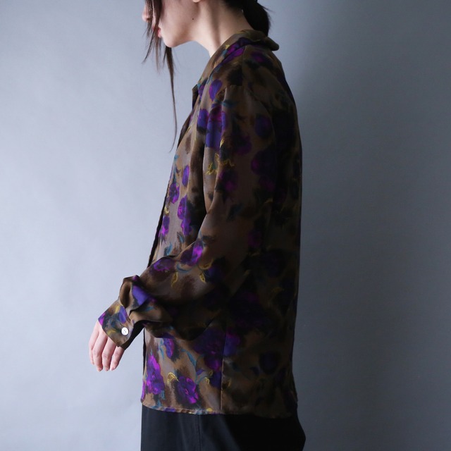 poison color flower art pattern open collar see-through shirt