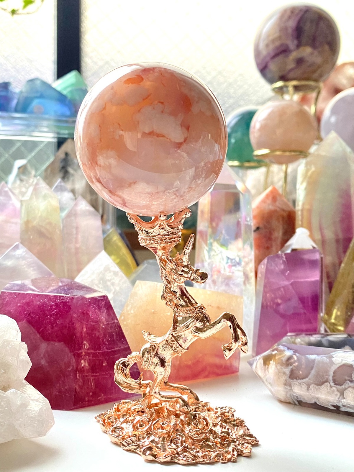 ピンクカーネリアン×フラワースフィア台座付き | Moon Crystal 