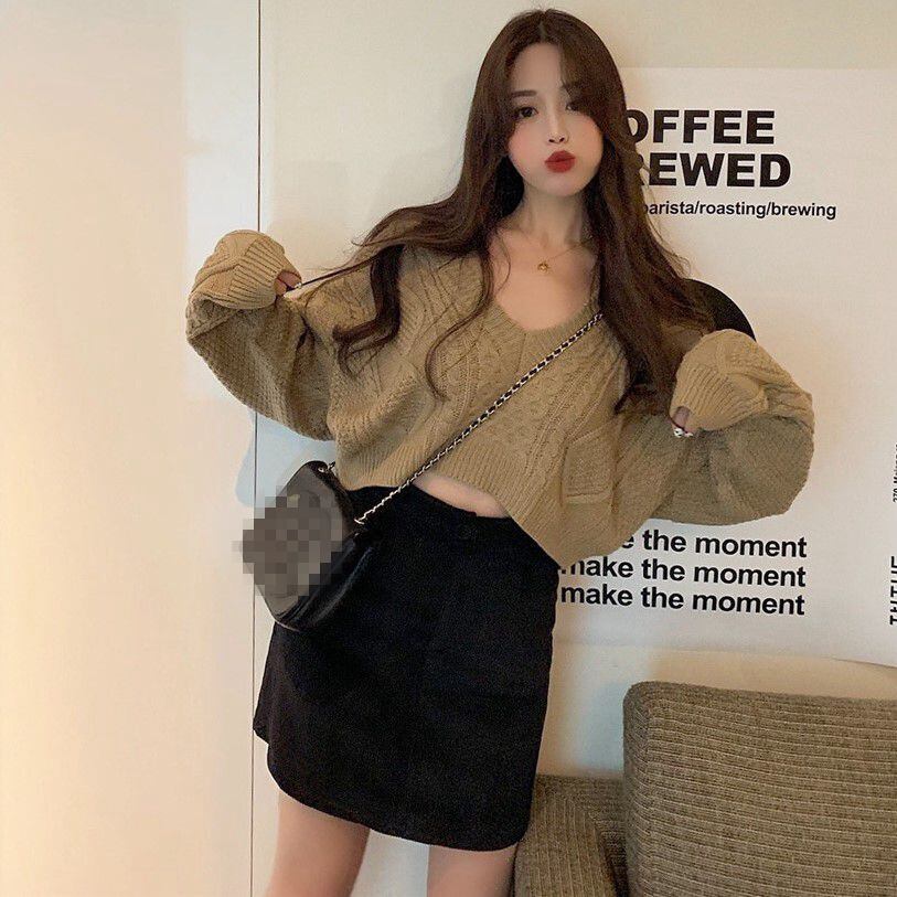 2020年秋新作Vネックプルオーバーセーターレディースルーズレイジースタイルショートニットセーター長袖トップス ドラファッションホール7811602641