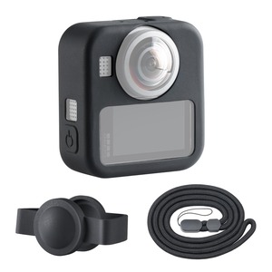 【在庫処分】HSU GoPro Max2専用 ブラック シリコン保護ケース Max2用 シリコンレンズカバー 調節可能なストラップ付き アクセサリーキット