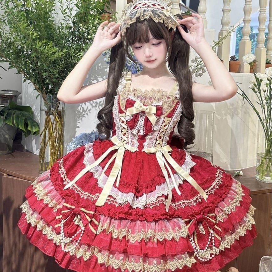 クラロリ 宮廷風ドレス ロイヤルレッド×ゴールド刺繍 5色展開｜WithU