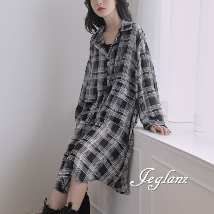 チェック柄 ロング 長袖 シャツ オーバーサイズ ユニセックス♪(MD549)ρ