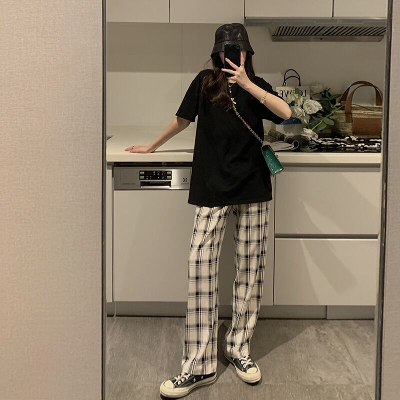 格子柄パンツ サマールーズハイウェストウェスト薄手ブラックホワイトカジュアルワイドレッグレディース 夏物 ワイドパンツ HUCHUJING16814063698