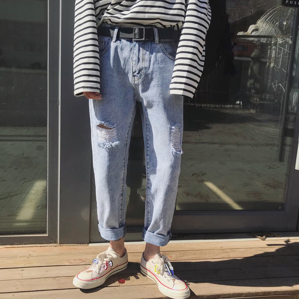 全1色 デニム パンツ ストレート カジュアル ワイド クラッシュ