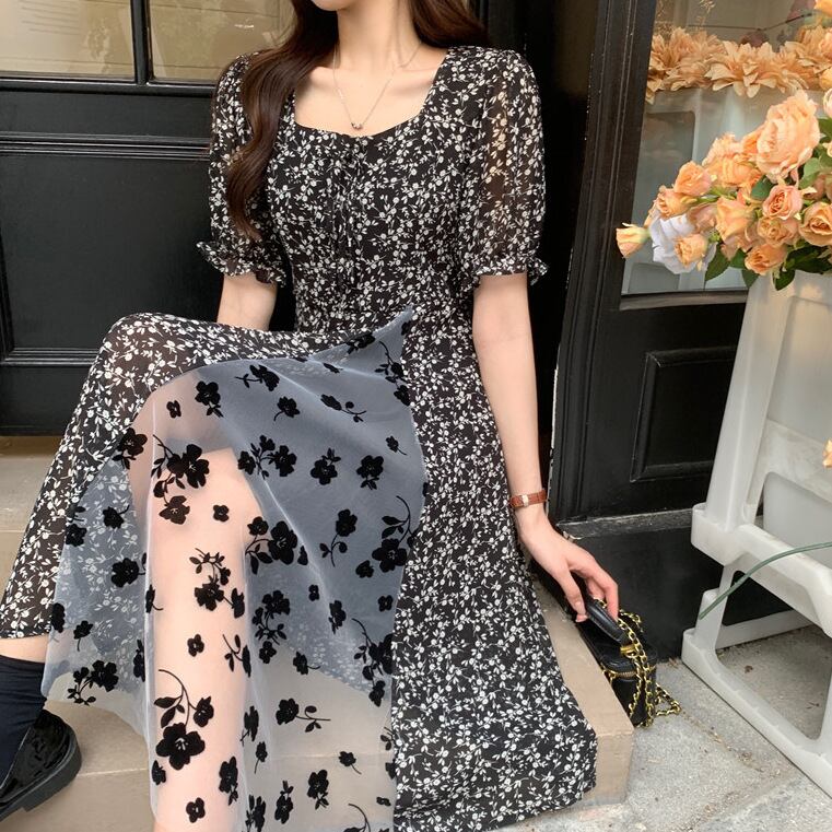 【新作】【送料無料】 ファッション女性の花柄スクエアカラードレス太った女の子のための新しいフレンチレトロデザインメッシュスプライシングミッドレングススカート 0226885729427