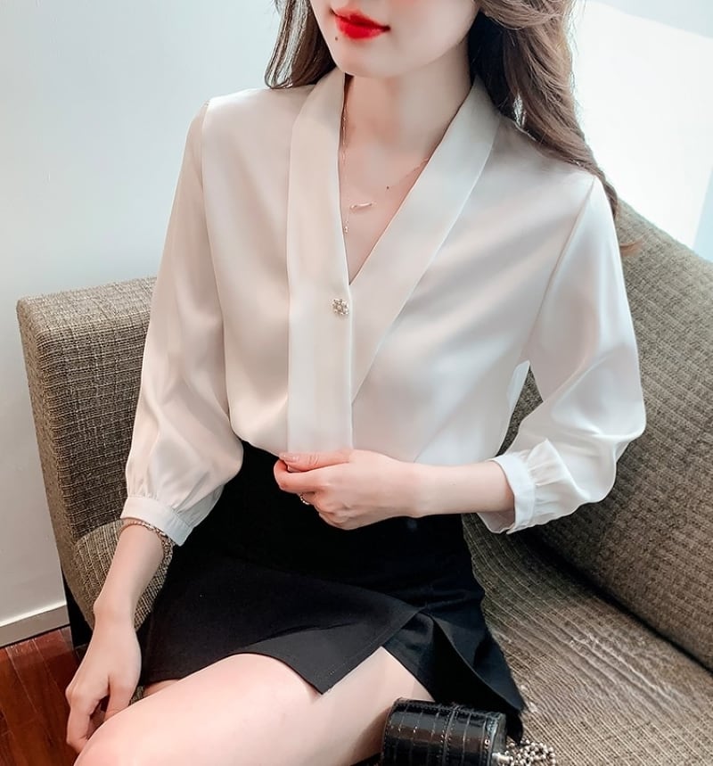 トップス シャツ ブラウス 白シャツ Vネックブラウス レディース 7分袖