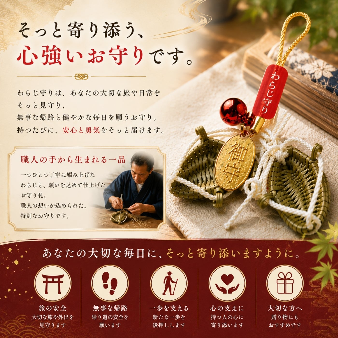 わらじ守り 2個セット｜旅行安全 足腰健康 参拝 職人手編み 日本製 御