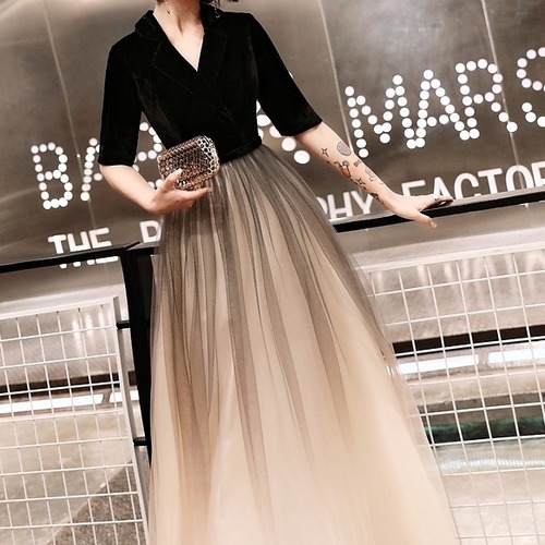 ドレス ワンピース ロング丈 プリンセスライン ベルベット ジャケット風 テーラードカラー Vネック 五分袖 甘辛ミックス お呼ばれ 秋冬 レディース　BADA0115