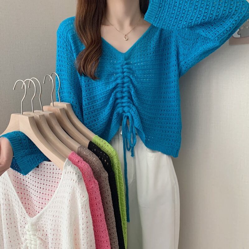 スタイルギャザーセーター オータムVネックルーズクロップドトップス レディース ロング 秋物 ハンチェンe29752516217