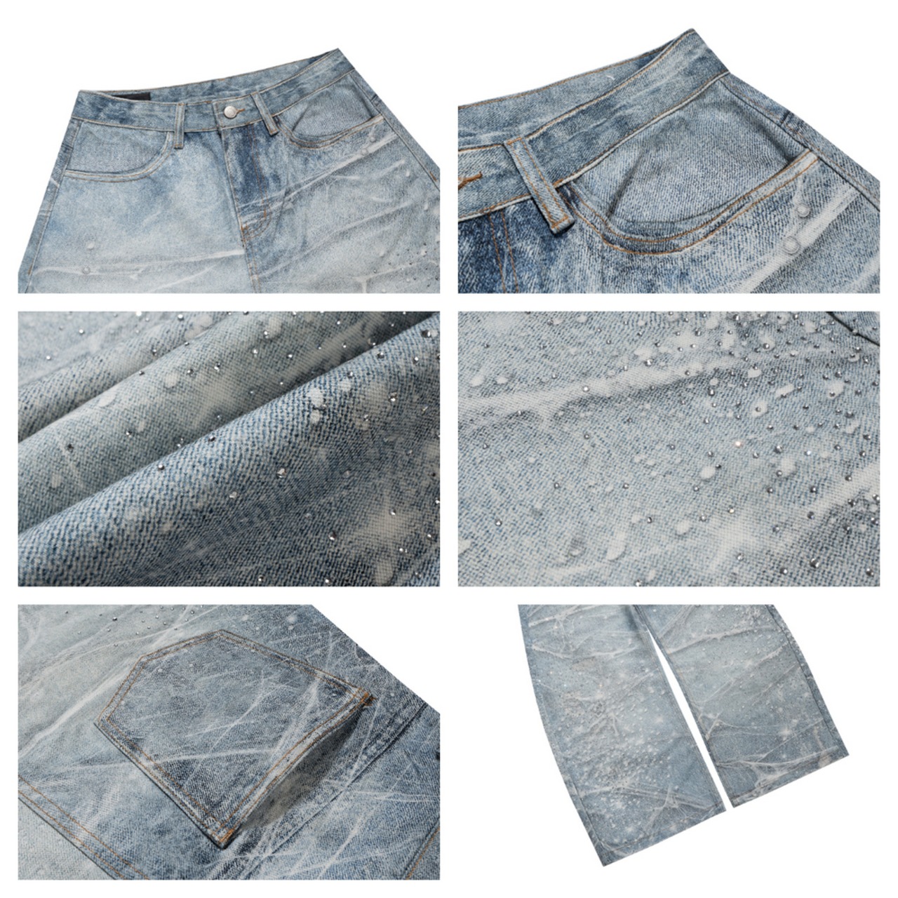 ストリート ウェーブラインストーン デニムパンツ P388