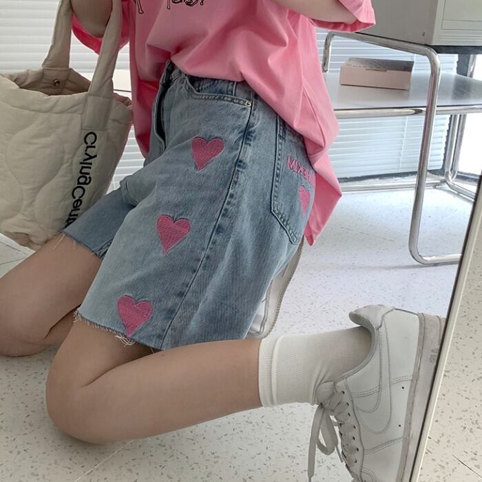 ルーズジーンズ スタンダードカジュアルパンツ 刺繍ハイウェストウェストショーツ レトロ ブルマー ケッペル95714913921