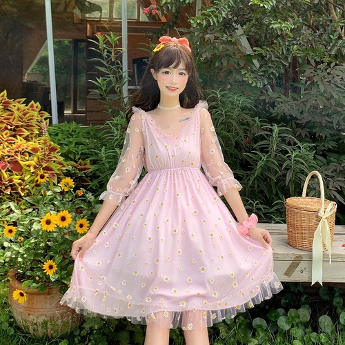 ✞ レースVネックメッシュ七分袖チュールワンピースドレスOP ストレッチ エラスティック 伸縮 スウィート ✞ゴスロリ SM ミリ 甘ロリ クラロリ 和ロリ エレガント 黒ロリ 姫ロリ 華ロリ BB-BB5768638