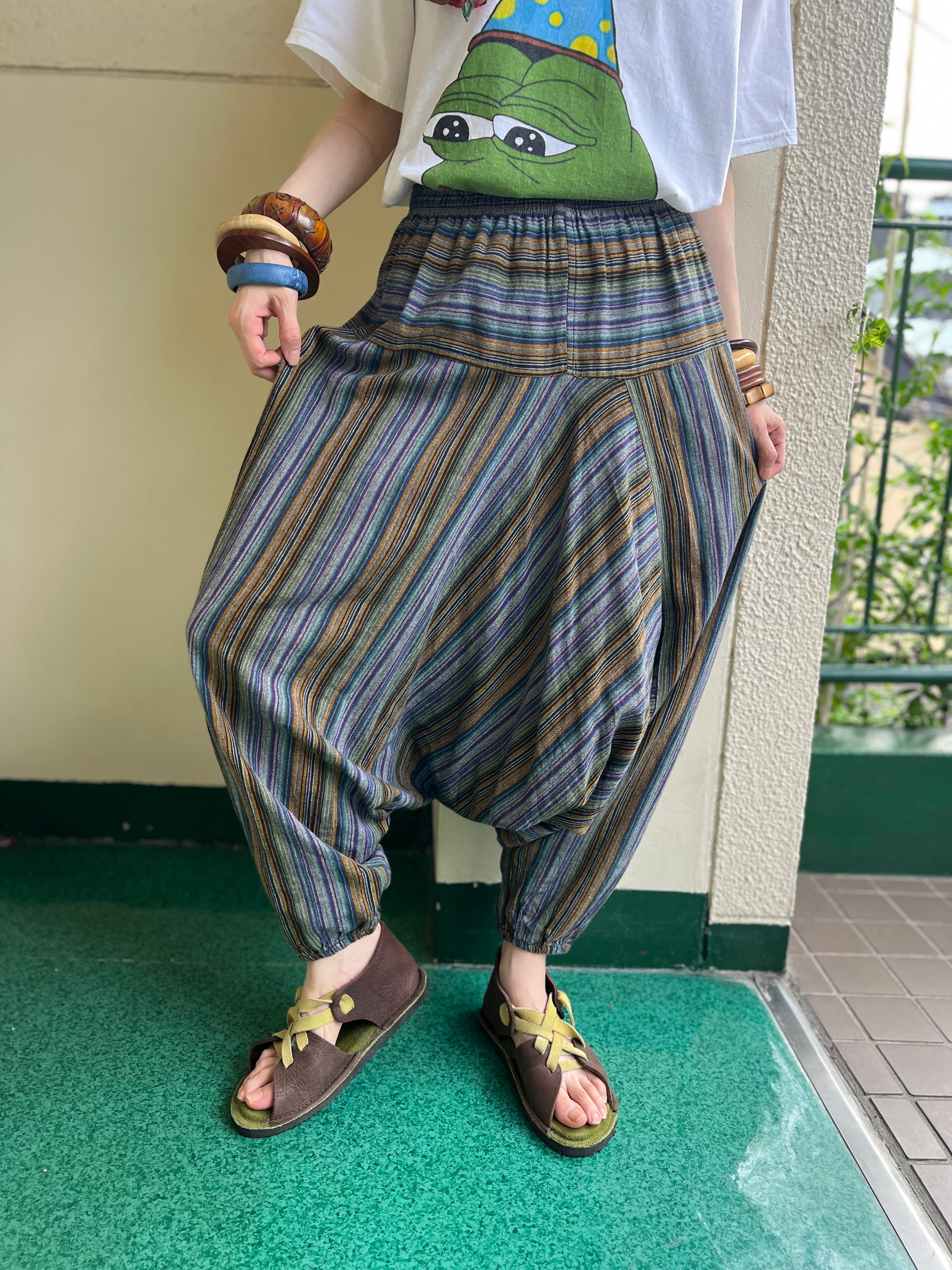 NEPAL製 レイバーデザイン サルエルコットンパンツ Vintage Nepal stripe cotton pants ( ヴィンテージ ネパール