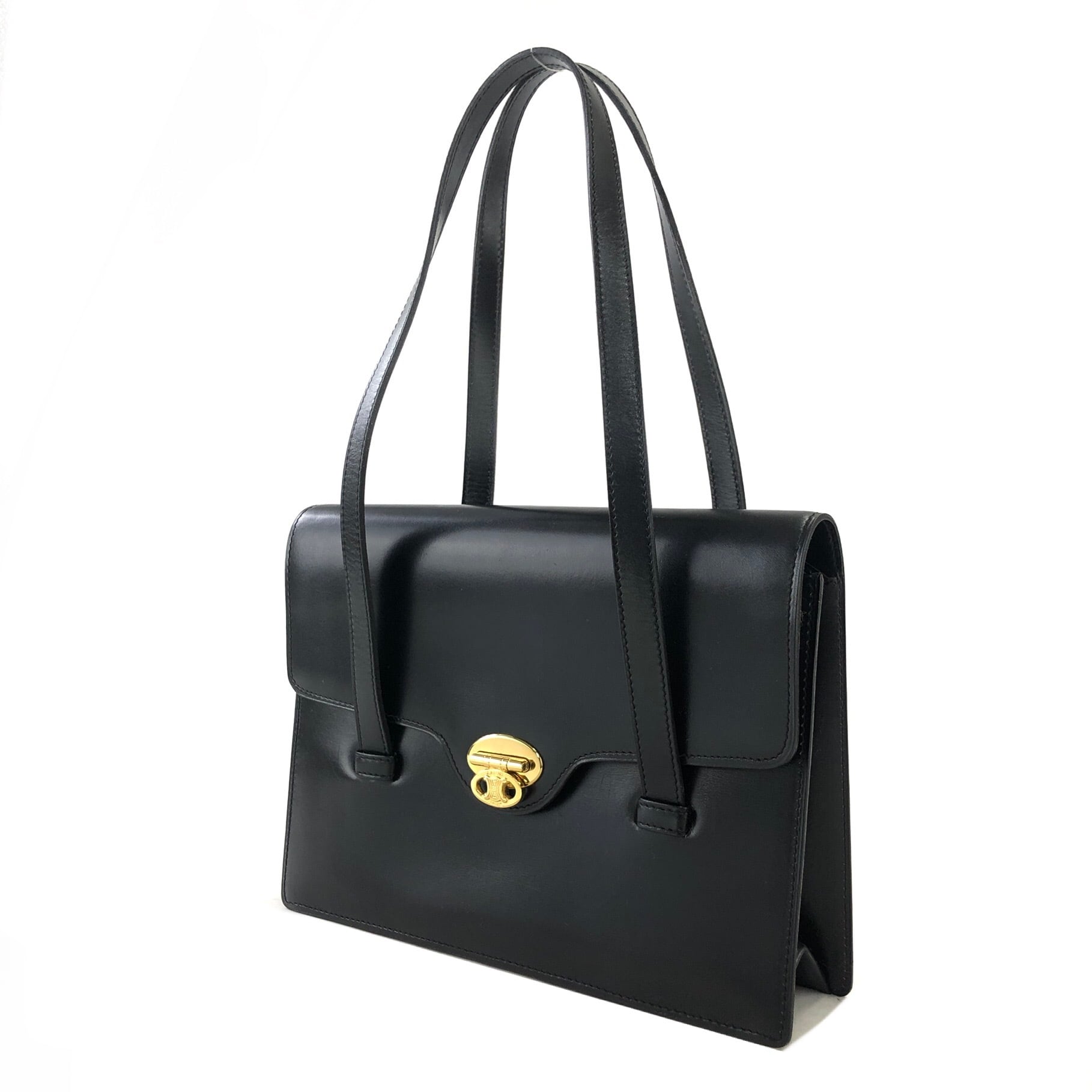 CELINE セリーヌ トリオンフ レザー フラップ ハンドバッグ ブラック