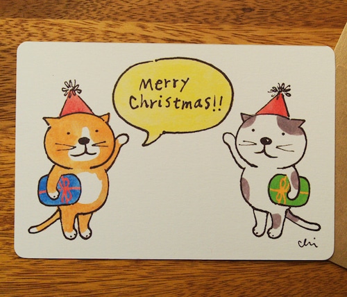 クリスマスグリーティングカード「プレゼント・ふたり」封筒付