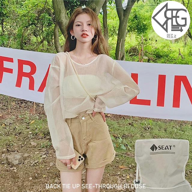 【REGIT】BACK TIE UP SEE-THROUGH BLOUSE S/S 韓国ファッション トップス ブラウス シースルー 透け感 フェミニン 背中見せ 大人かわいい 10代 20代 プチプラ 着回し 着映え ネット通販 TTB049