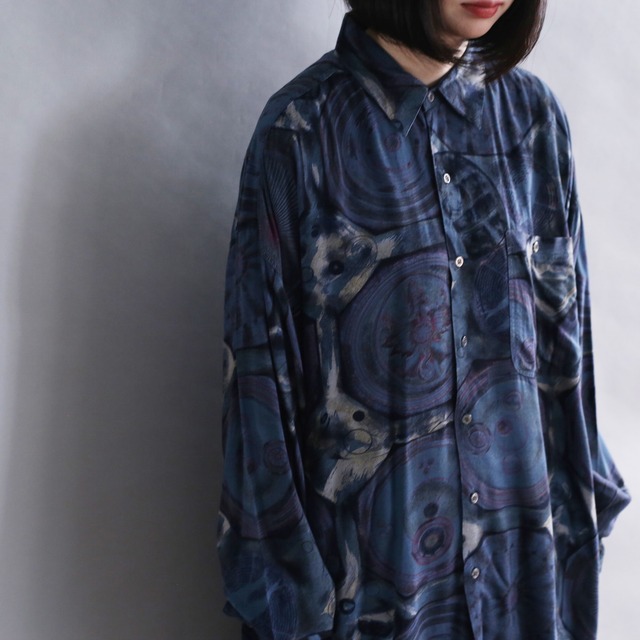 blue mysterious pattern l/s rayon shirt