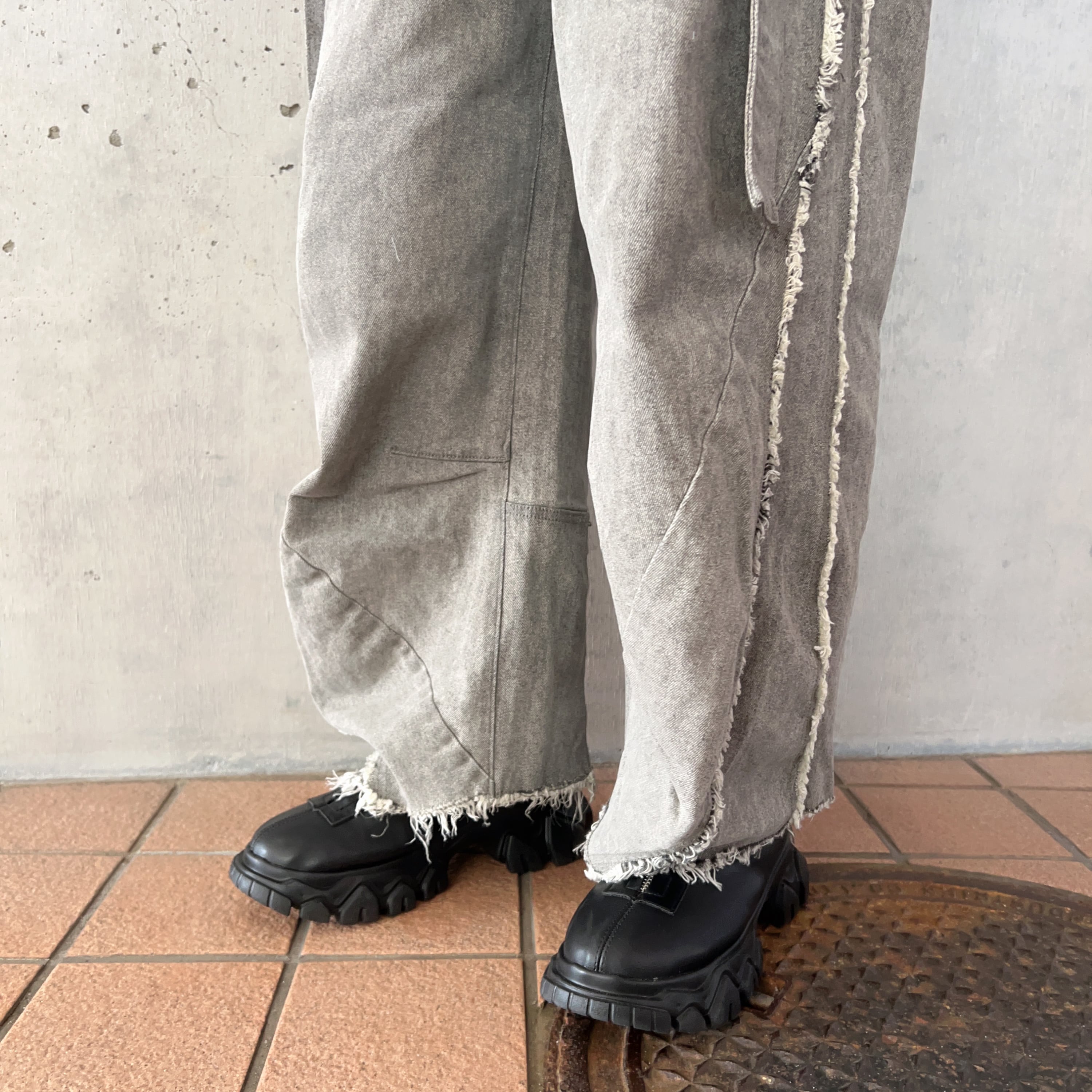 Knuth Marf ツーバックルパッチワークデニム M 白