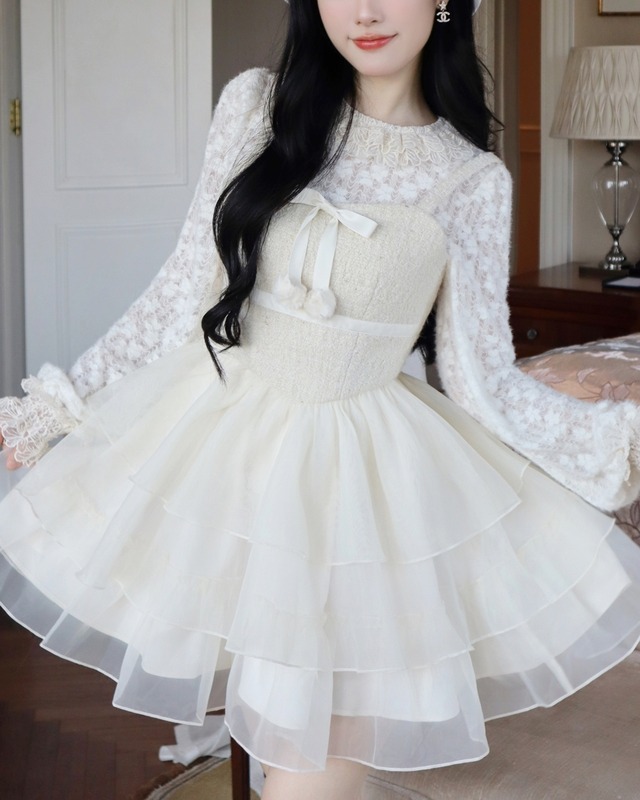 ツイードオーガンジーファーリボンワンピース　24W11091