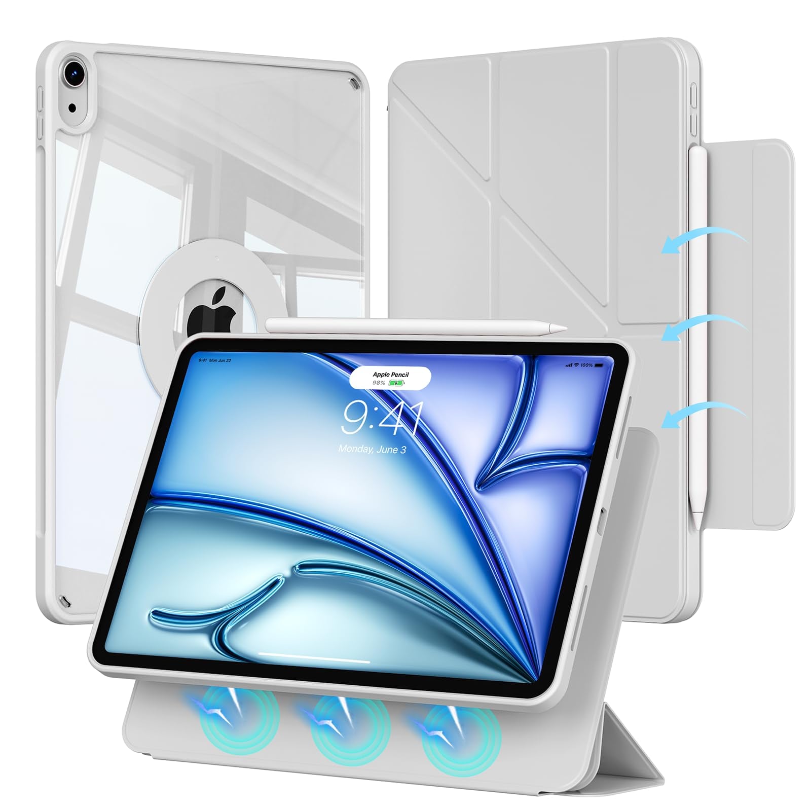 iPad Air 11インチ ケース (M4/M3/M2 / 2026/2025/2024互換) / Air 第5/4世代 (2022/2020) 対応 マグネット着脱式 ハードPC背面 透明ケース ペンホルダー付き (Pencil充電対応) 三つ折り+Y折 4WAYスタンド 自動スリープ機能、グレー