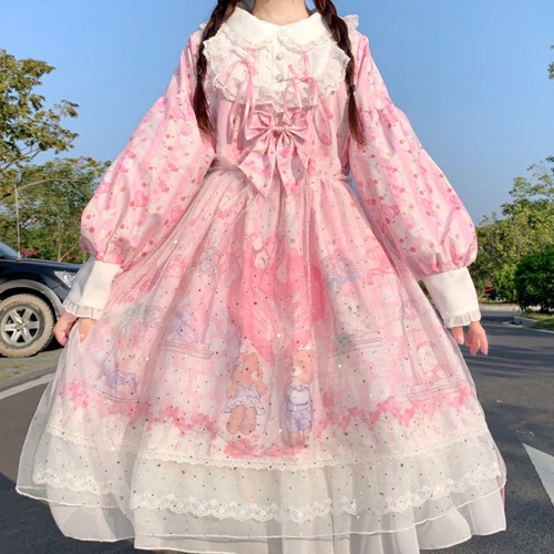 ゆめかわ♡ピンクフリルミモレ丈ワンピース　wanpi140★