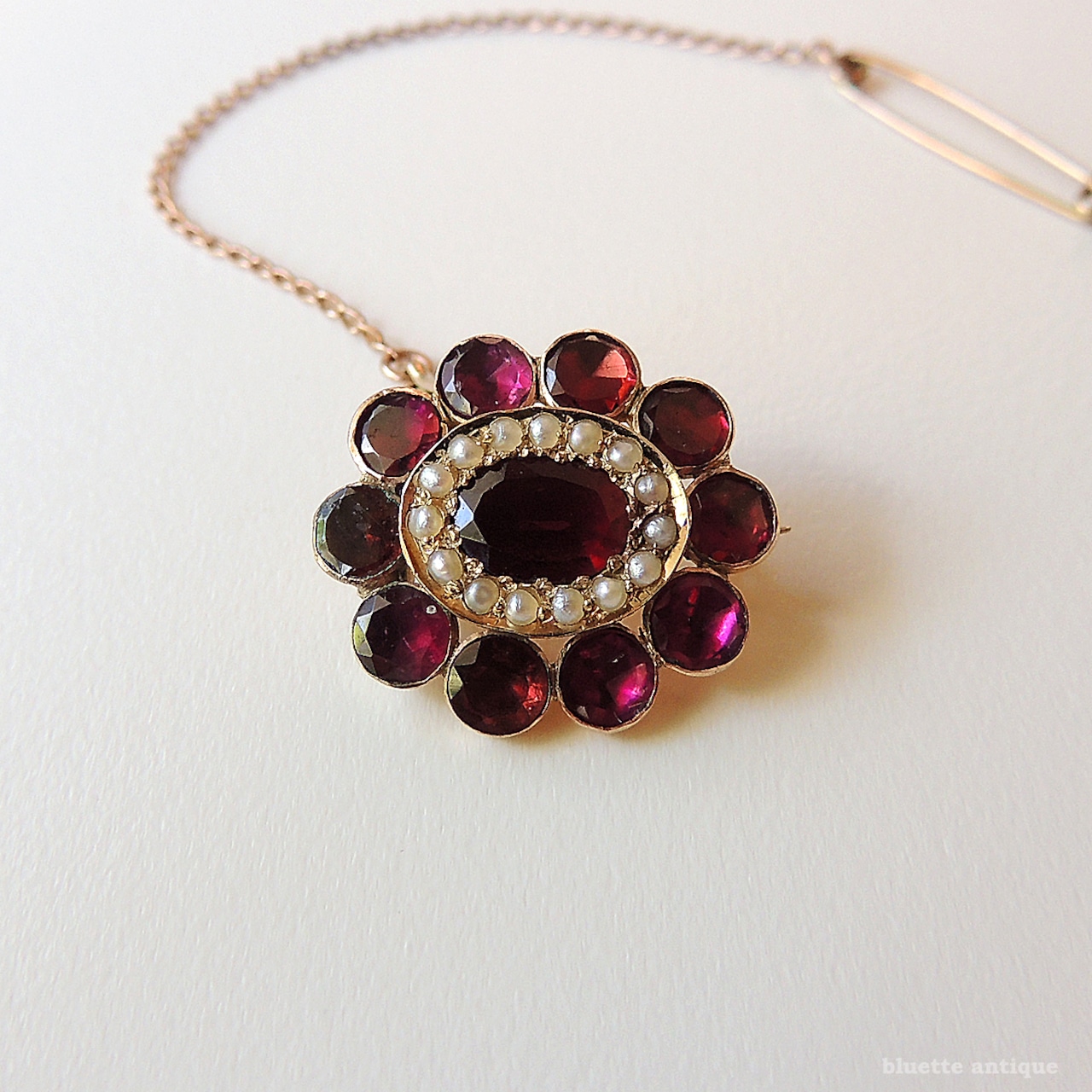 アンティークジュエリー ジョージアン 9ctゴールド 天然アルマンディンガーネット 真珠 レースピン ブローチ(鑑別書付)