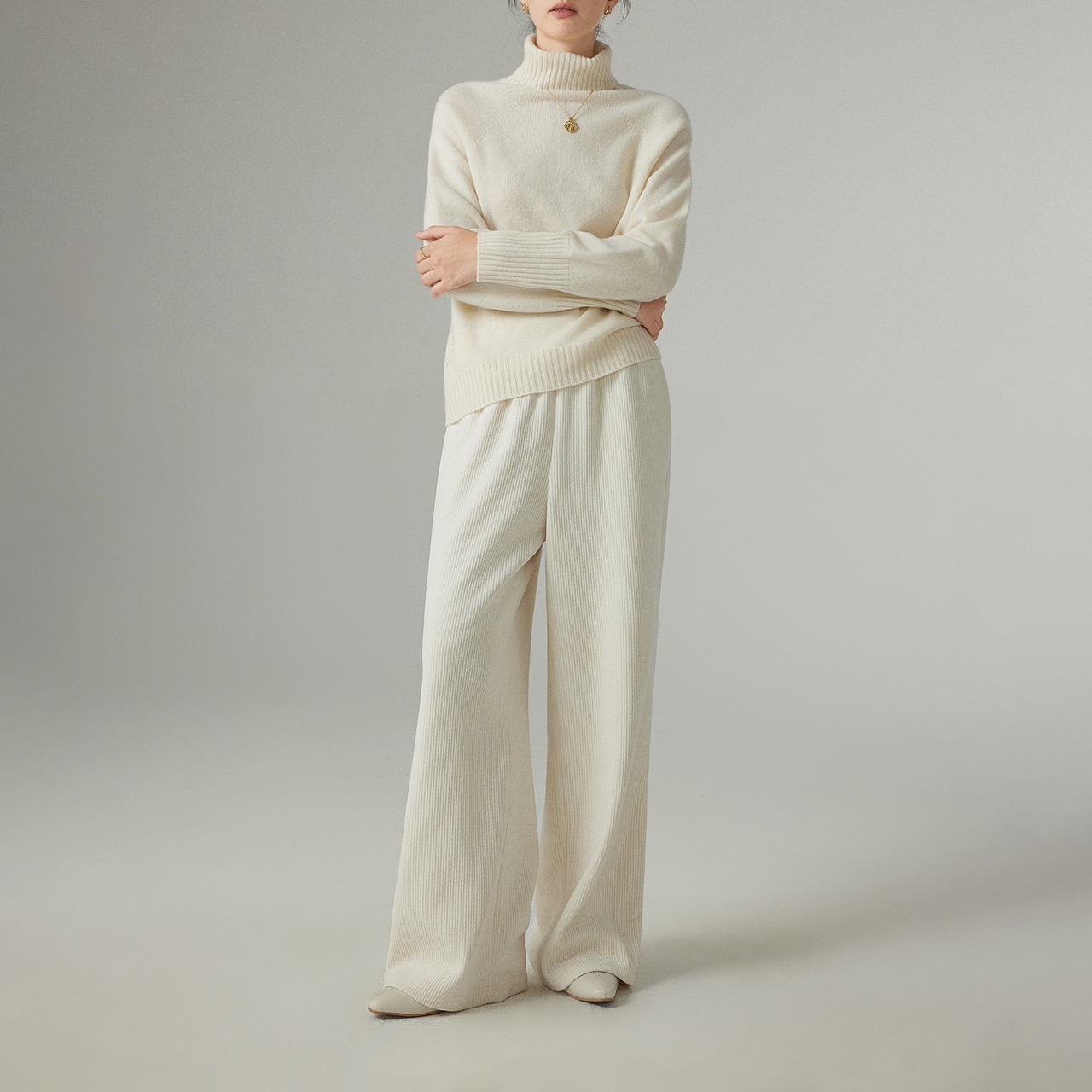 ゴムウエスト スリムワイドレッグカジュアルパンツ H0057