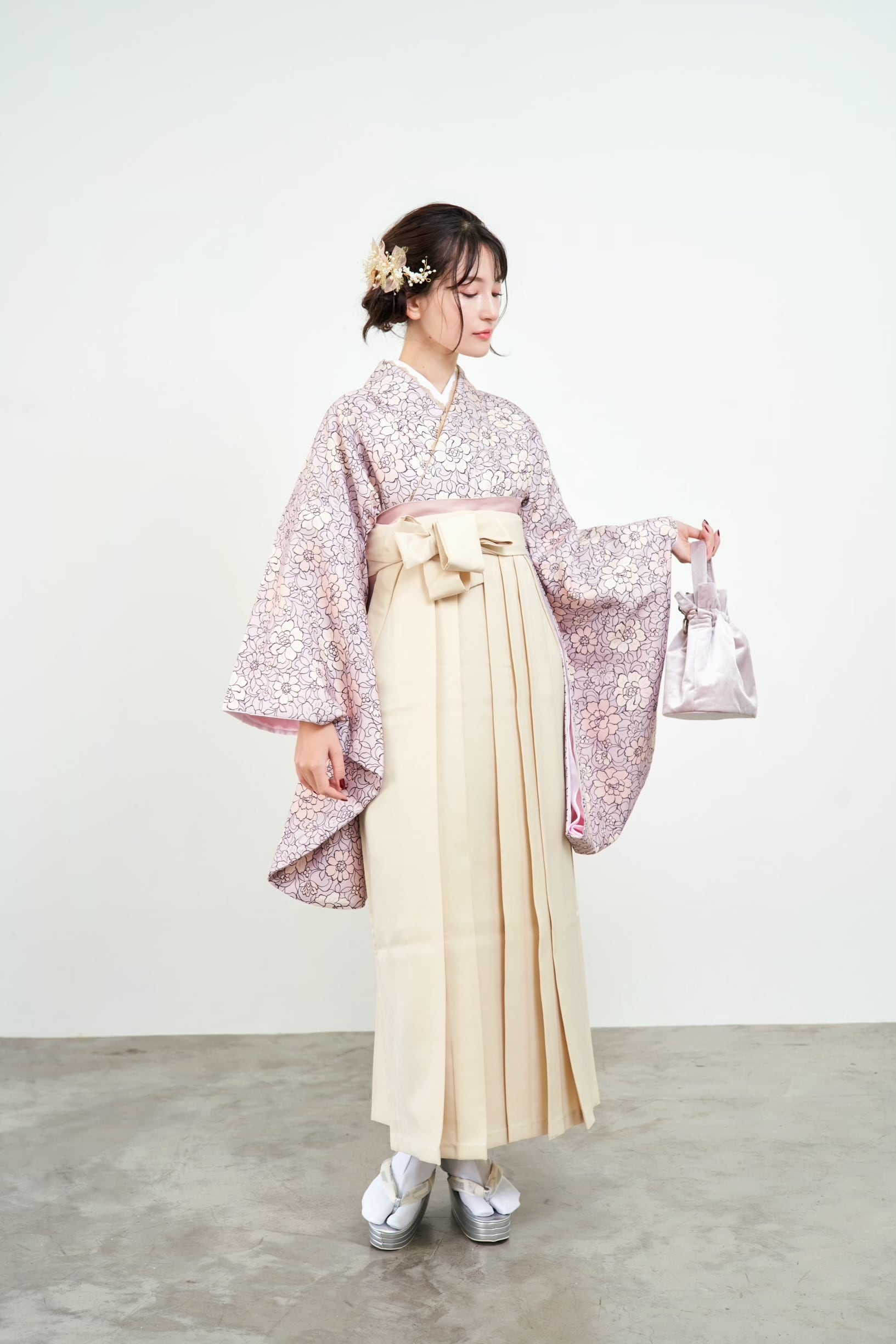 Kimono Sienne 卒業式袴3点セット グレイッシュピンク×アイボリー 袴 二尺袖着物 袴 卒業式 | Kimono Sienne