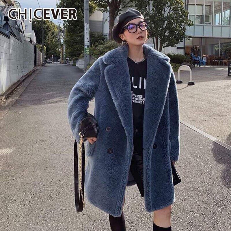 CHICEVERラムウールトレンチコート女性ノッチ付き長袖ダブルブレストポケット付き厚手ウィンターウインドブレーカー2020 ロング 冬物 6base558934197708