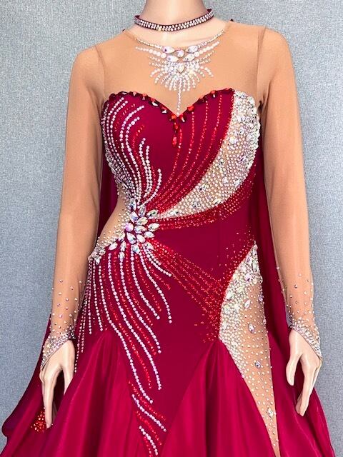 社交ダンス ドレス　スタンダード　モダンドレス　カージナルレッド　M　デモ・競技用ドレス　発表会衣装　パーティドレス　ワンピース　舞台衣装