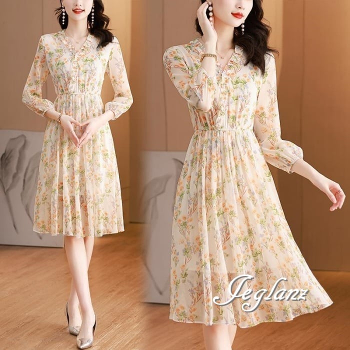 花柄 シフォン ワンピース ドレス Vネック 切替 フリル 7分袖 ♪(M3449)α