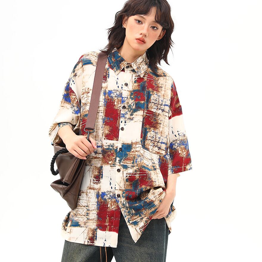 ゴスロリ通販 With U ゴスロリ系 半袖 油絵風 ヴィンテージ風 半袖シャツ ストリートファッション アメカジ カジュアル