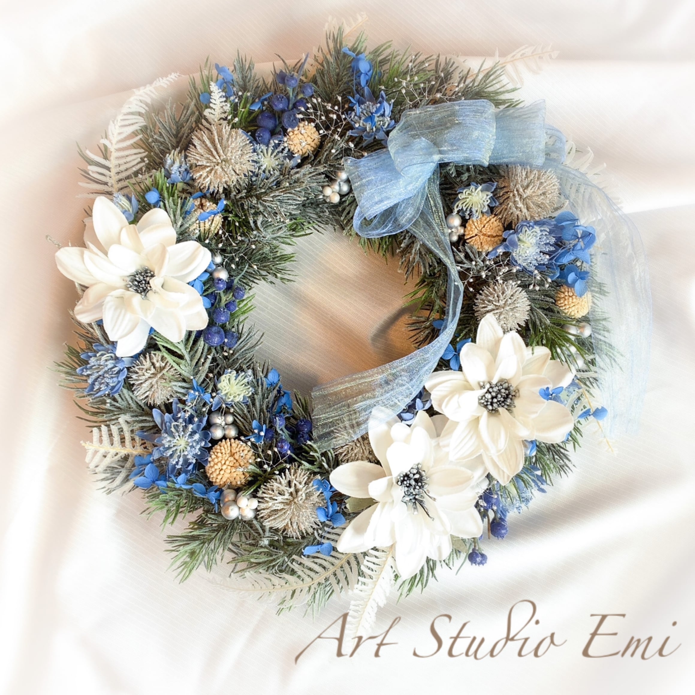 クリスマスリース ブルー✖️ホワイト | フラワー雑貨〜Art Studio Emi〜