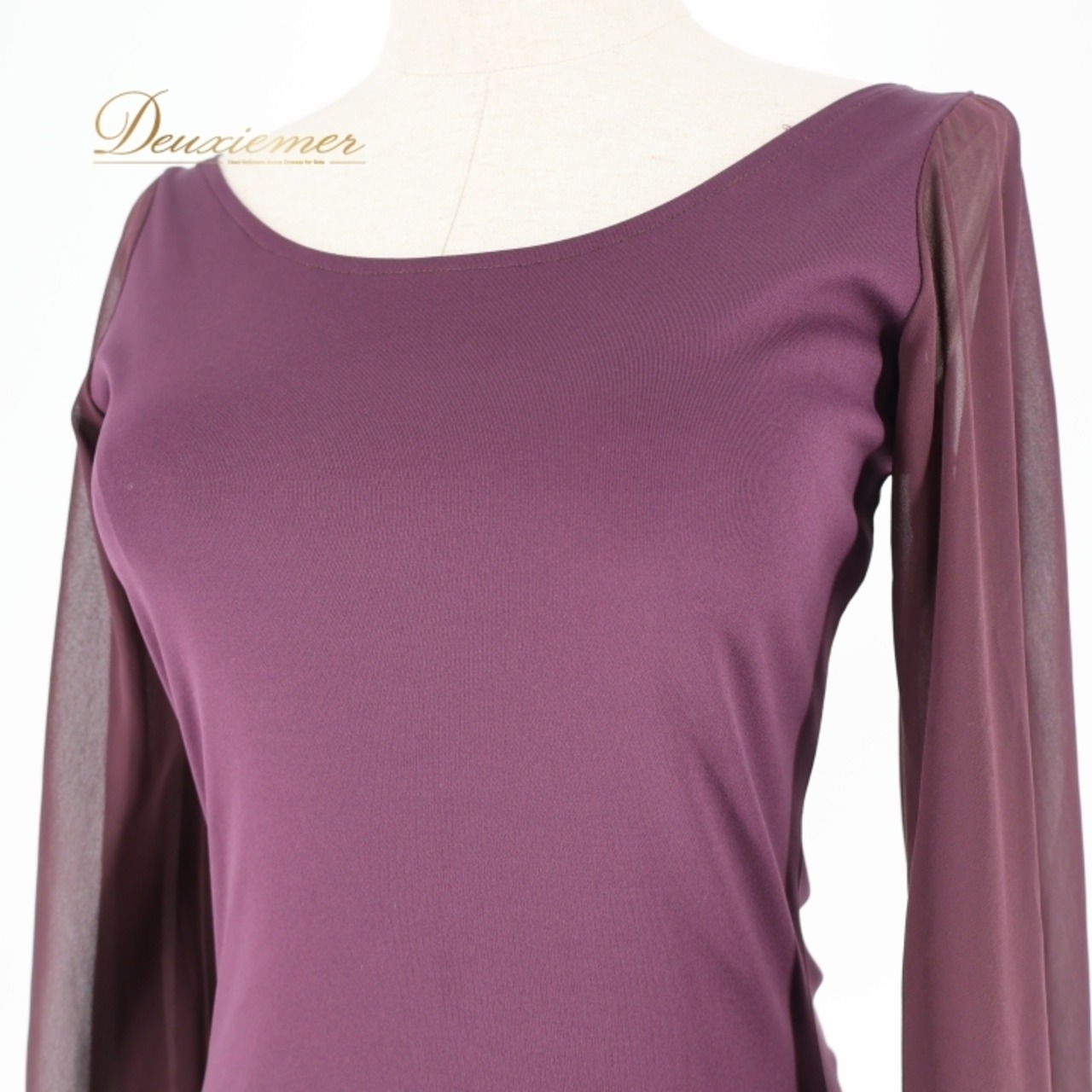 社交ダンス 衣装 トップス ブラウス パープル系 白樺ドレス 日本製 無地 シンプル 練習 レッスン 伸縮 ストレッチ 紫 透け感 長袖 上品 落ち着いた色 ダンス衣装 イベント ステージ パーティー かわいい