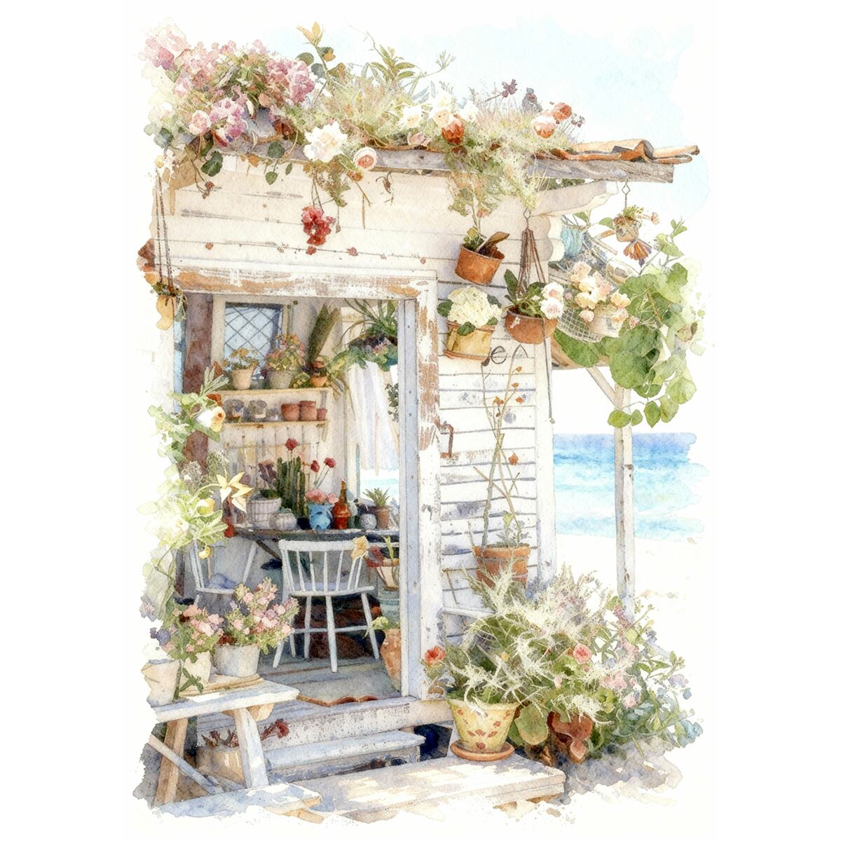 絵画 風景画 夏 ビーチの花のある小屋 インテリアアート額付き 水彩画風 WAT1655