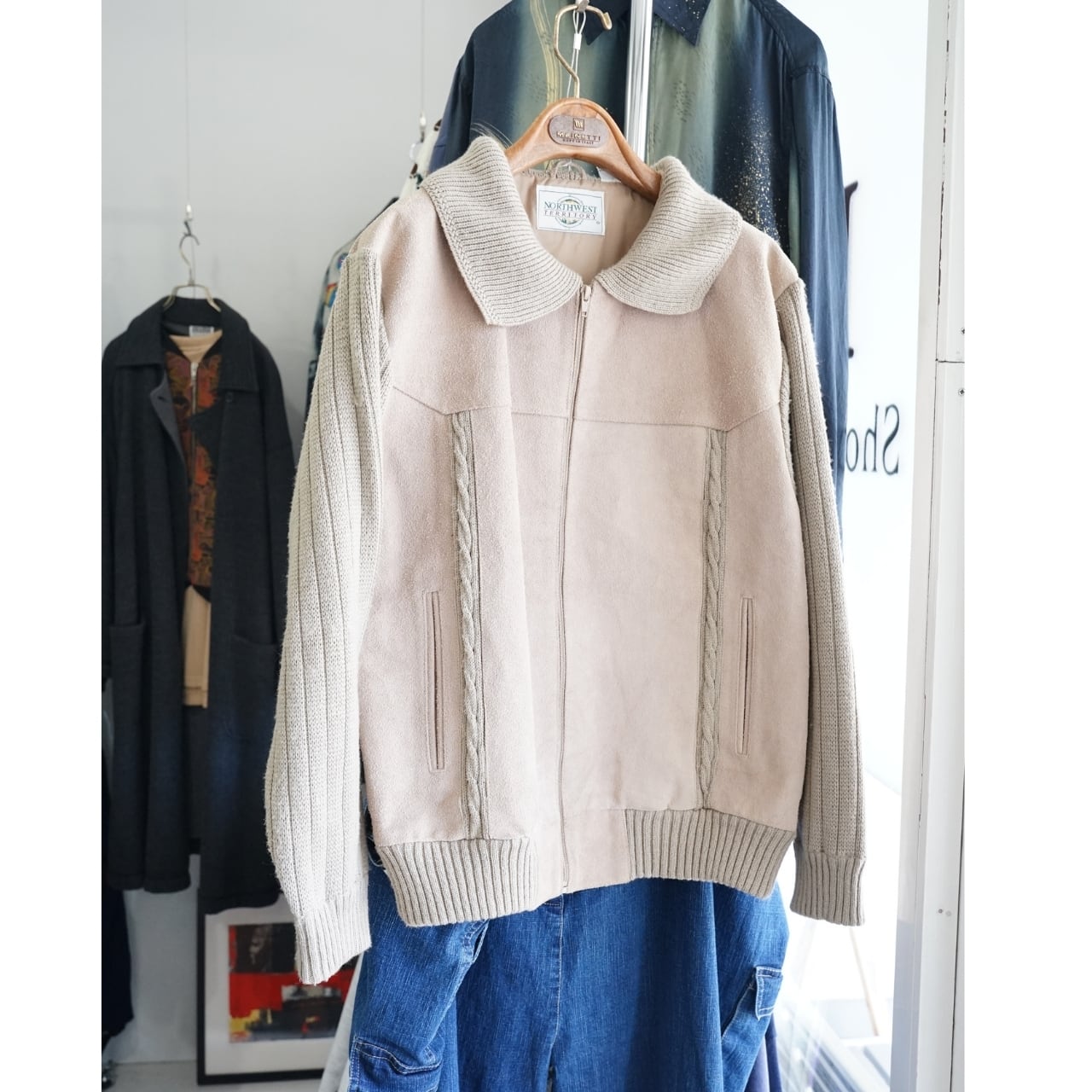NORTHWEST TERRITORY ベージュ ニット切替 ジップアップ レザージャケット(表記M)|NA443
