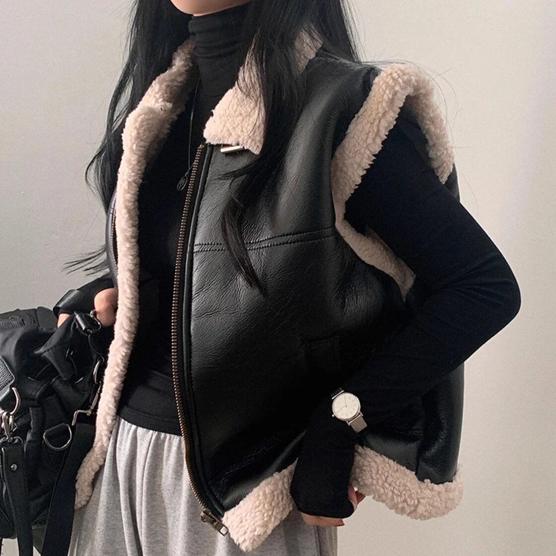 女性用ジッパー付きベスト,黒革ジャケット,折り襟,厚手の冬服,y2k 