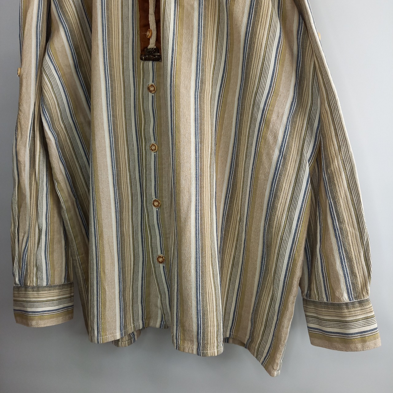 LANDHAUS　チロリアンシャツ　ストライプ　ドイツ古着　カーキ　XXL