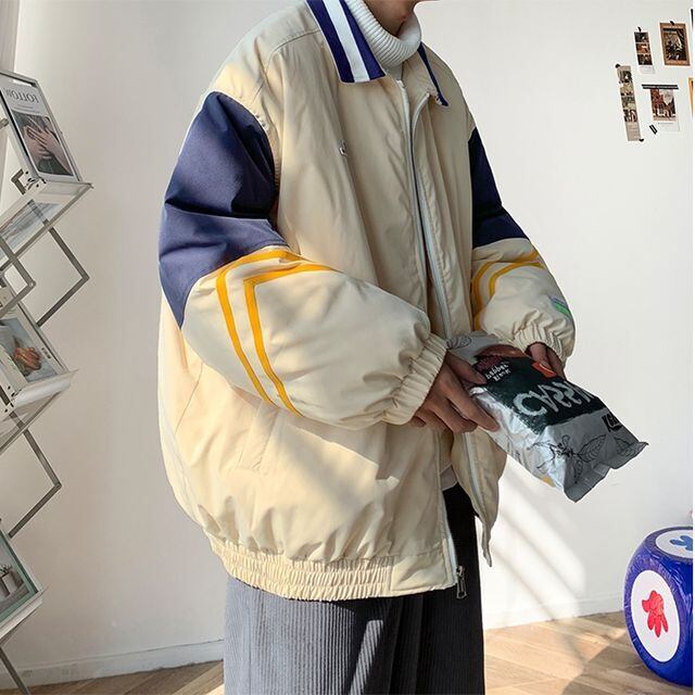 【予約販売】スタジャン ブルゾン 防寒 メンズ アウター カレッジ風 ジャケット ショート丈 オーバーサイズ ネイビー ベージュ ストリート こなれ感 お洒落 韓国 トレンド 秋 冬 M/L/XL/2XL