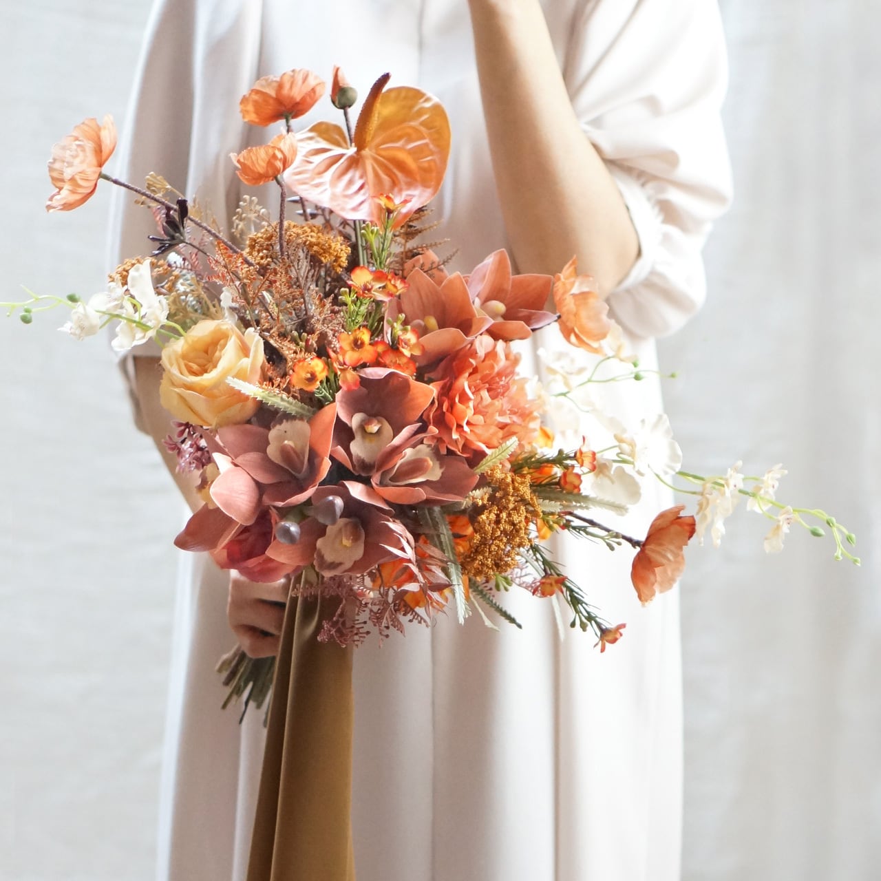テラコッタ　オレンジ　アマランサス　アンスリウム　造花　ウェディングブーケ テラコッタ オレンジ アマランサス アンスリウム 造花
