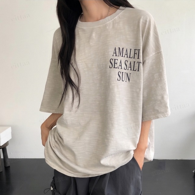 【即納】Y-5008　2026秋新作♡AMALFIピグメント加工バックプリントオーバーサイズ半袖Tシャツ　ベージュ　0804