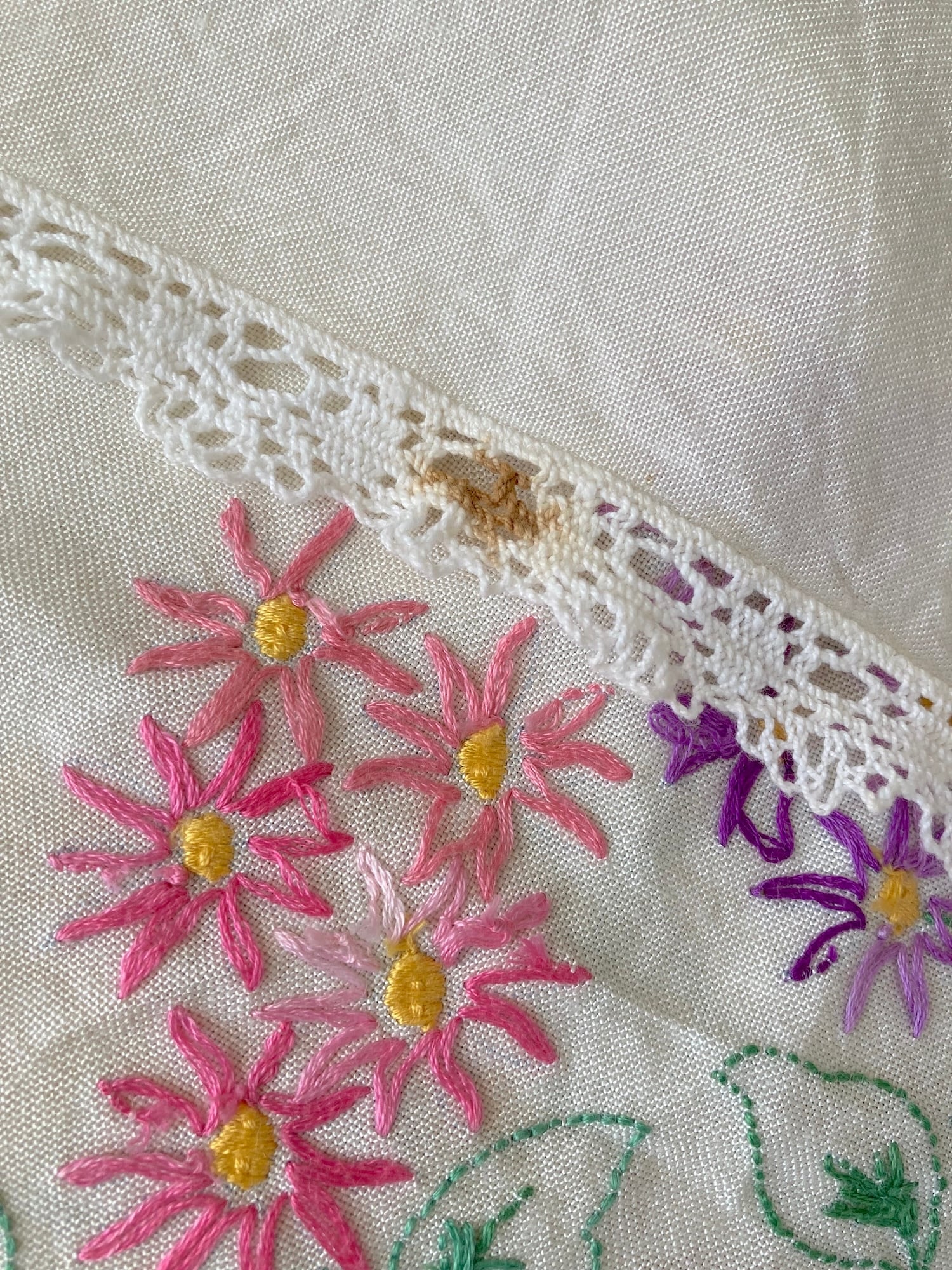 ヴィンテージ 生成り ハンドステッチ 刺繍 正方形 テーブルクロス