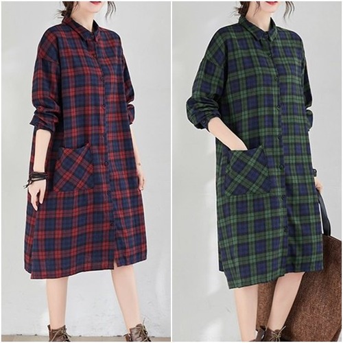 ワンピース ワンピースドレス 長袖 大きい ミドル丈 シャツワンピース レディース マキシ レディースファッション 春 秋 大きいサイズ ワンピ 大人カジュアル シャツワンピ 膝丈 ひざ丈 チェック柄